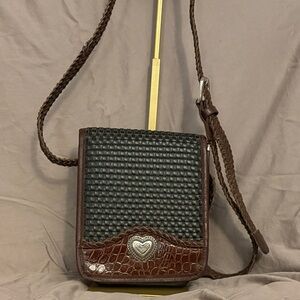 Brighton Vintage Y2K Black & Brown Woven Leather Crossbody Bag, Heart Concho